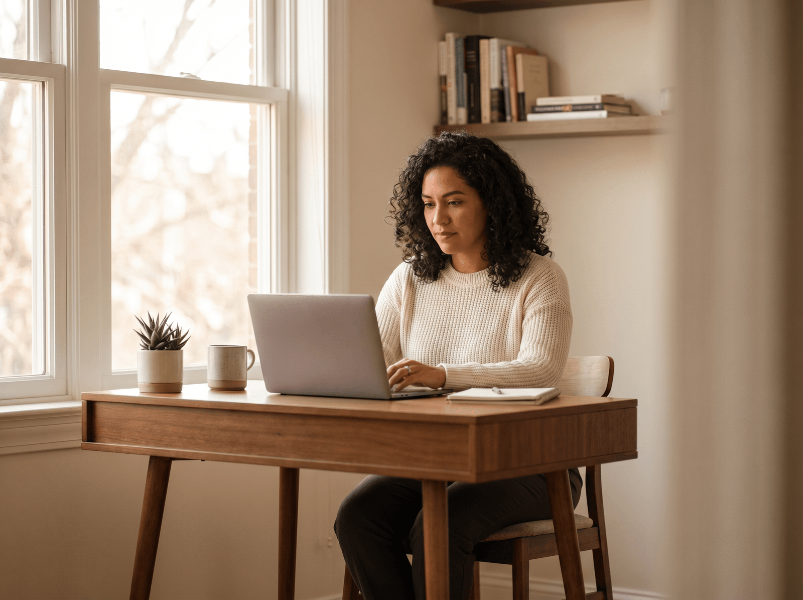 A professional working at a sunlit desk with a laptop, focused and calm.