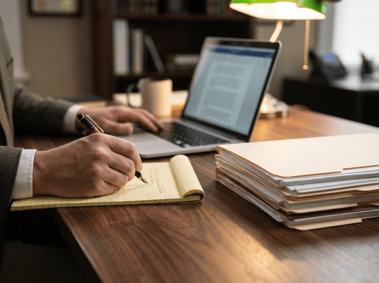 A close-up of a hand making notes on a legal pad next to a laptop and case files.